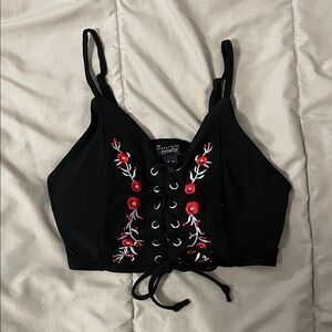 Streetwear Society Black Rose Embroidered Lace-Up Crop Top
